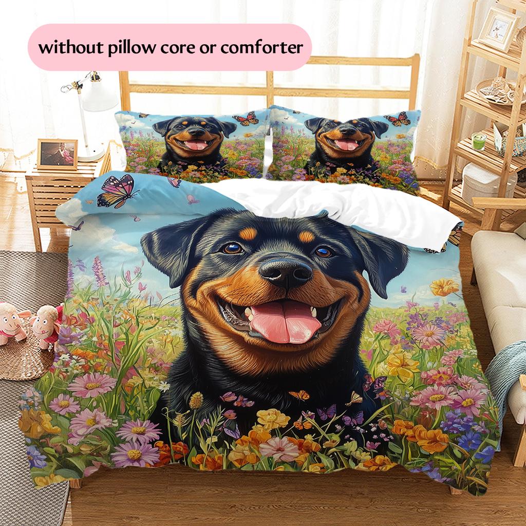 Rottweiler and garden Pattern Bedding Home Decoration Birthday Gift (1 * duvet cover + 2 * pillowcase, without core)