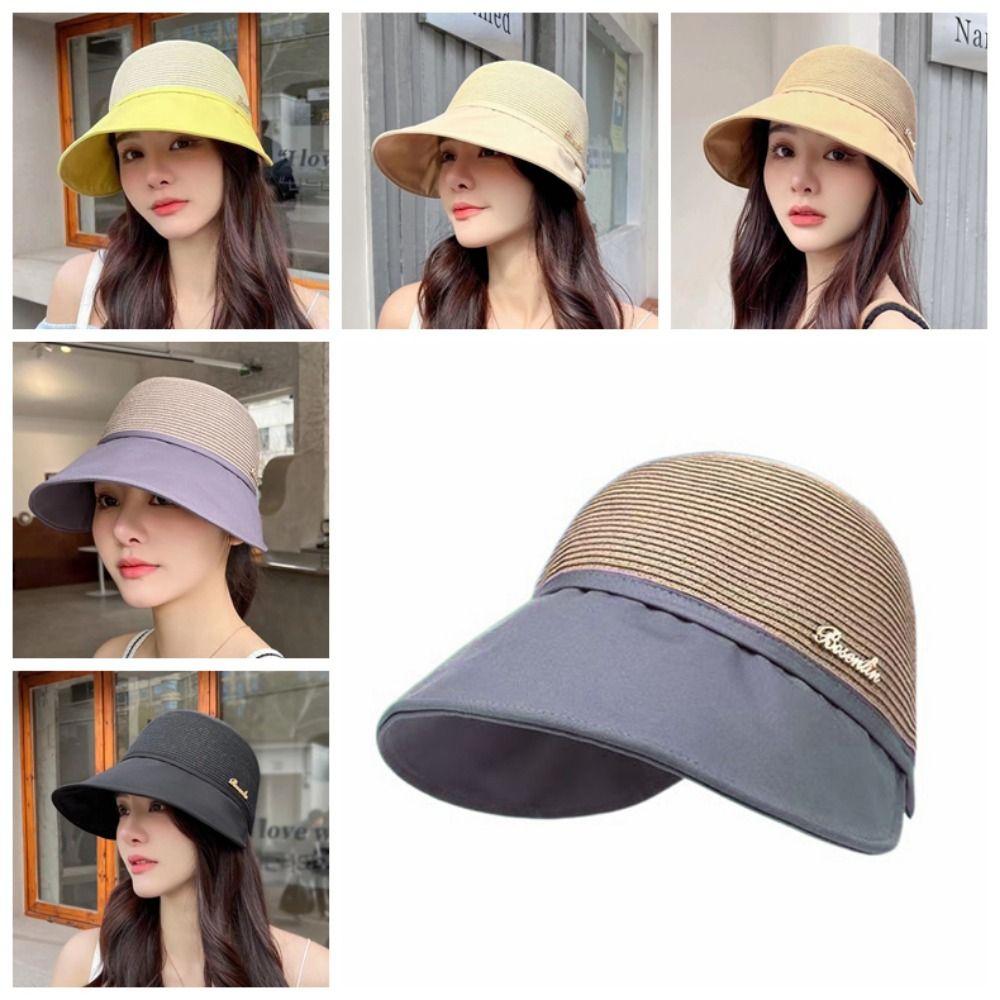 Solid Color Women's Straw Hat UV Protection Fisherman Cap Casual Sun Protection Cap  Beach