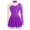 Girls Sparkle Rhinestones Figure Skating Costume Color Block Mesh Patchwork Long Sleeve Keyhole Back Dance Dress