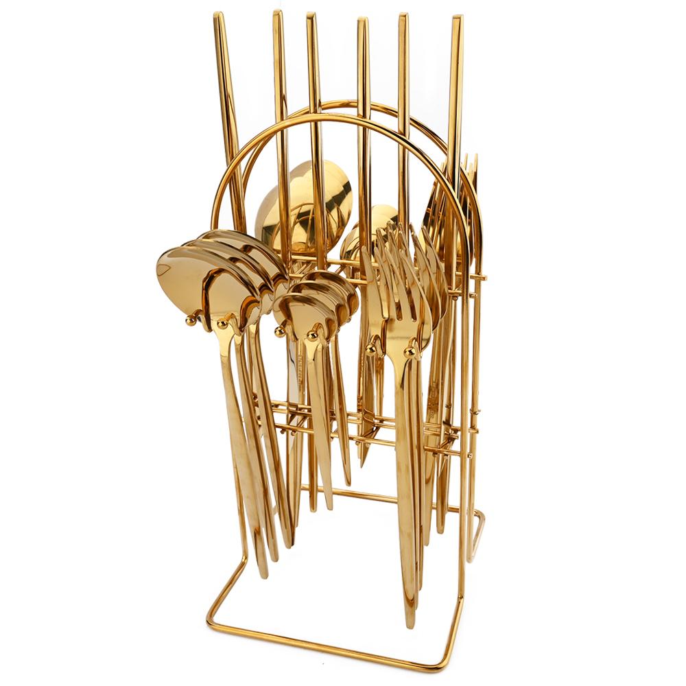 24stk sort gull servisesett rustfritt stål bestikksett kjøkkengaffel kniv skjeer servisesett bestikksett sølvtøy stativ