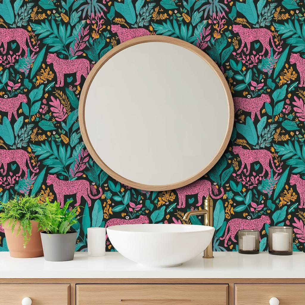 Leopard Tropical Leaves Bright Wallpaper 22.83"X118" Waterproof Wallpaper for Living Room/Bedroom/Bathroom PVC Wall Sticker