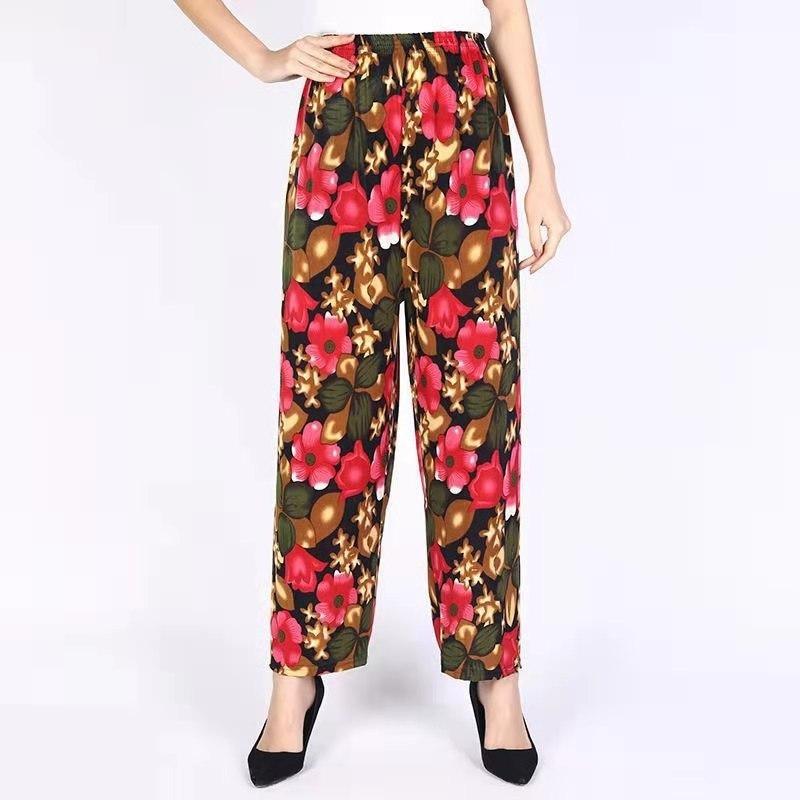 Women's   Summer Ice Silk Home Pants Loose Printed Jogger Pants High Waist Thin Casual Cropped Pants