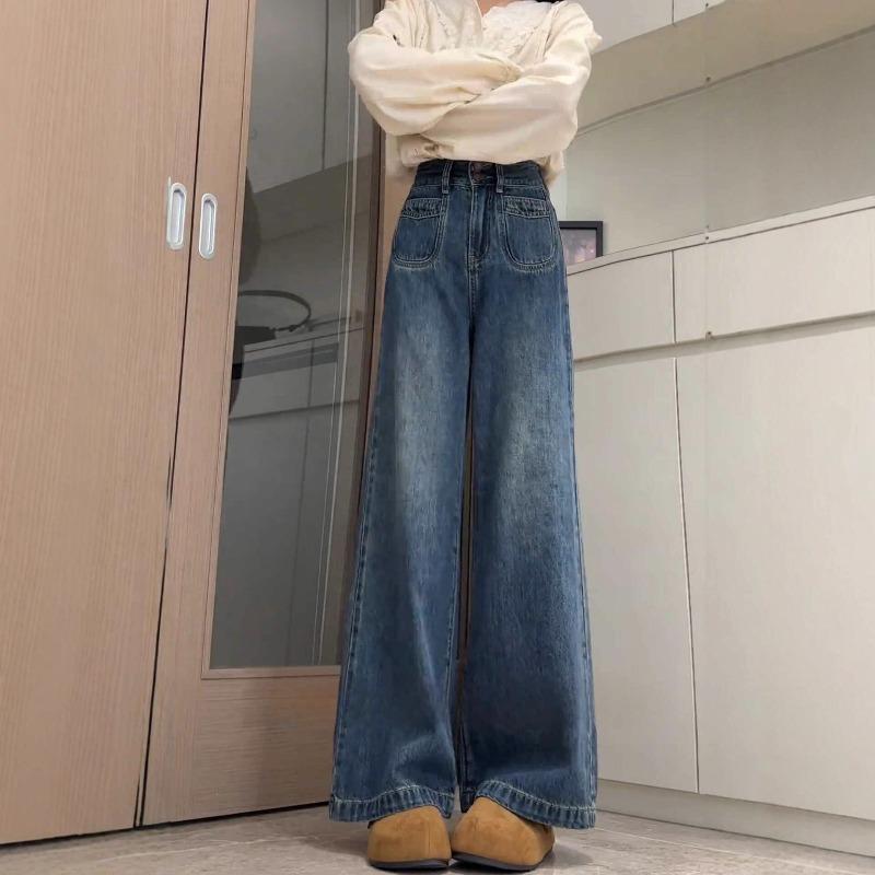 Retro Blue Wide-leg Jeans for Women's Autumn and Winter Velvet High-waisted and Thin Loose Straight Mopping Long Pants