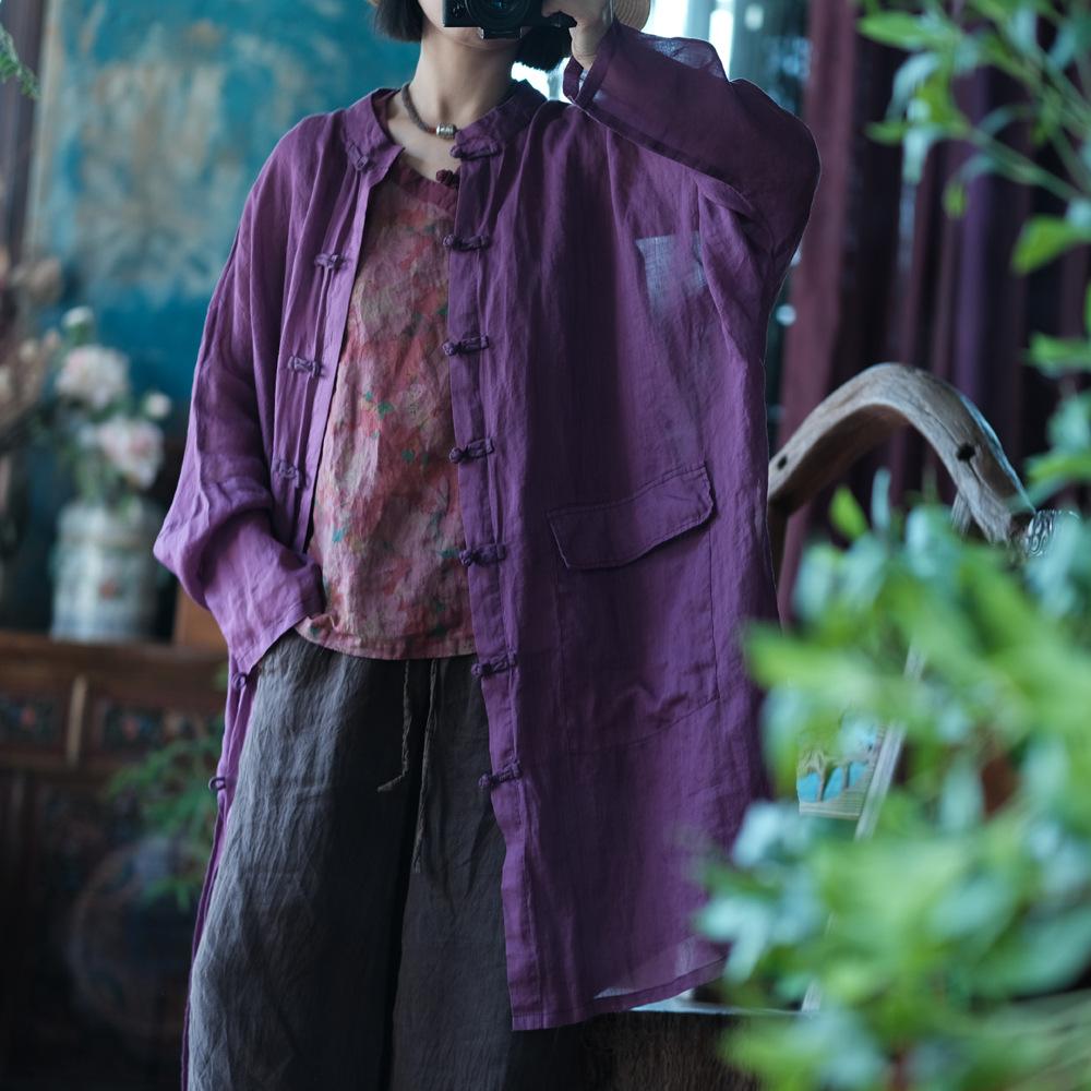 Johnature Women Vintage Long Shirts Stand Long Sleeve Button Patchwork Pockets Spring Chinese Style Blouses