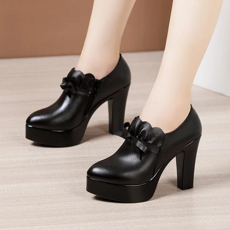 9cm 11cm Small Size 32-43 Elegant Black Bow Block High Heels Shoes for Office Model 2025 Thick Bottom Deep Mouth Platform Pumps
