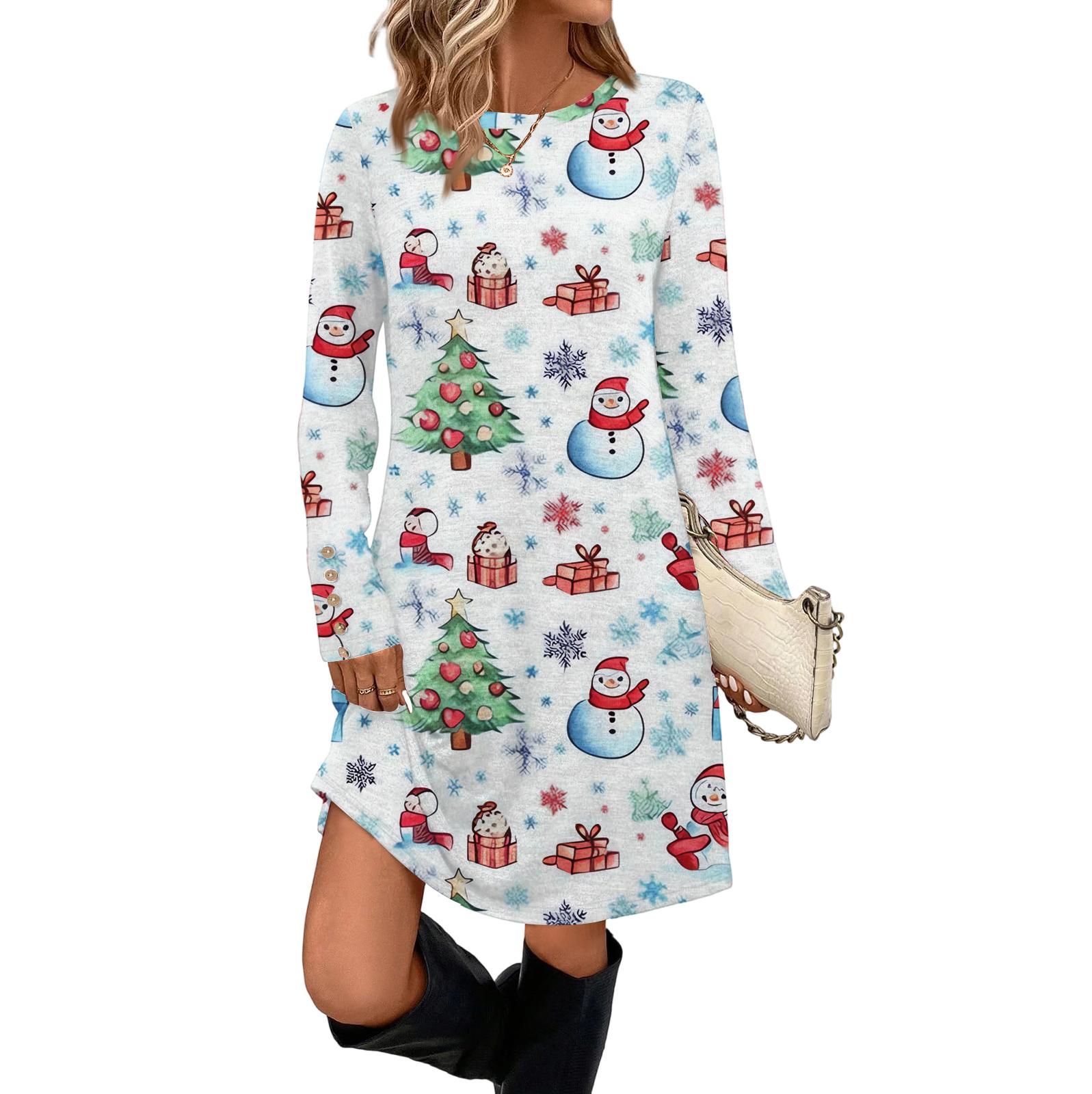

Женское модное повседневное платье с карманами, декоративными пуговицами, рождественскими принтами, круглым вырезом и длинными рукавами XL белый