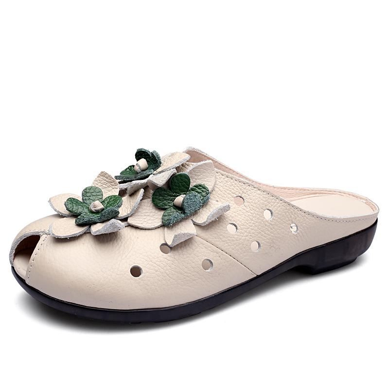 Summer Fashion Women Shoes Genuine Leather Sandals Slides Retro Flowers Closed Toe Female Loafers Flats Shoes Sandalias WSH3366