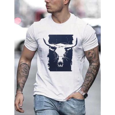 Camiseta masculina de verão 100% algodão puro casual solta plus size com estampa de cabeça de touro estilo western gola redonda manga curta