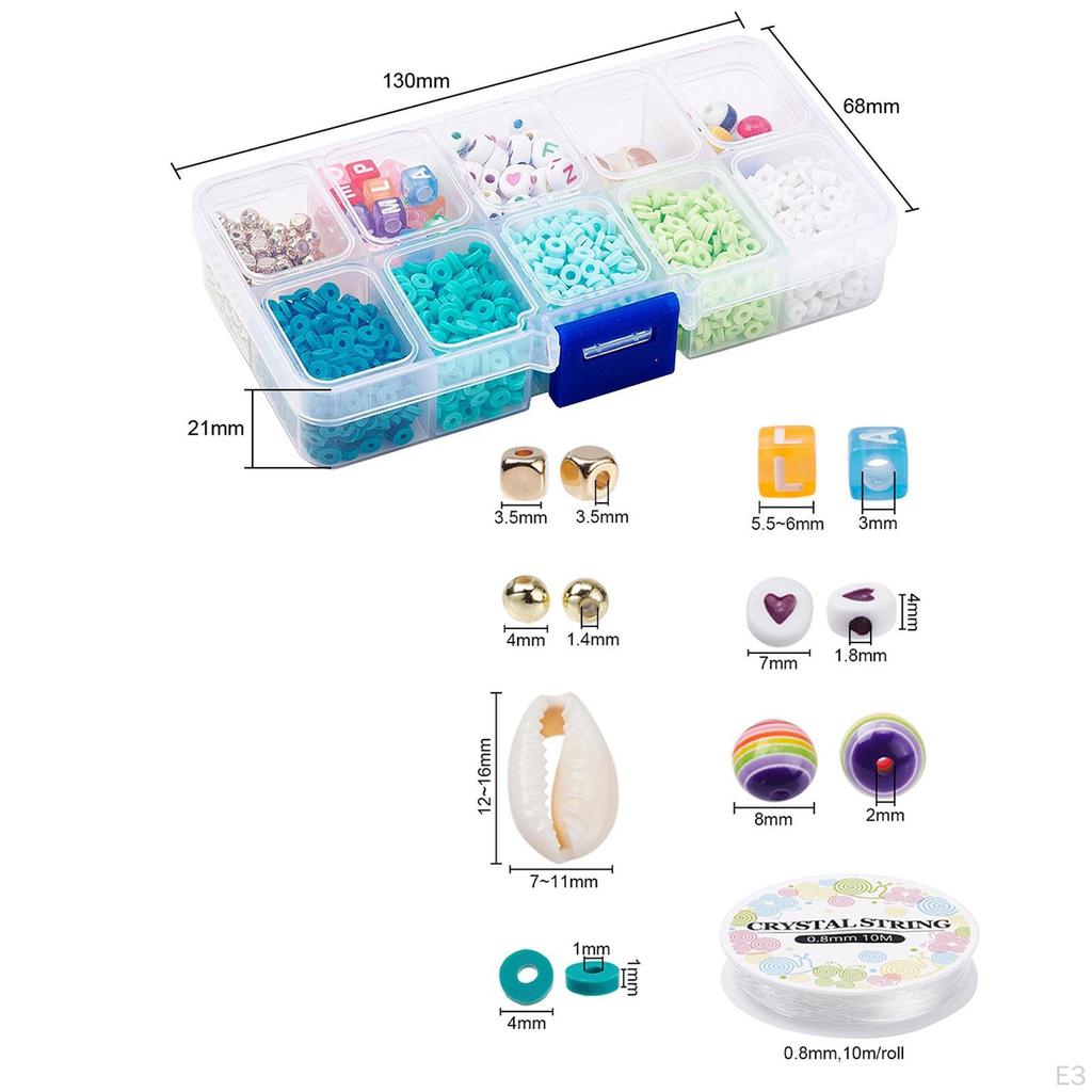 10 Grid Clay Beads Kit , with Letter Beads, Elastic Cord for Jewelry Making Earring