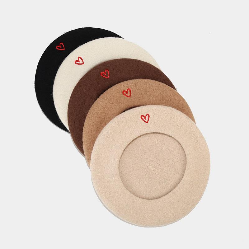 Love Embroidered Wool Beret Cap for Women England Vintage Painter Hat Thicke Warm Solid Berets Female Elegant Woolen Newsboy Cap Vintage Painter Cap