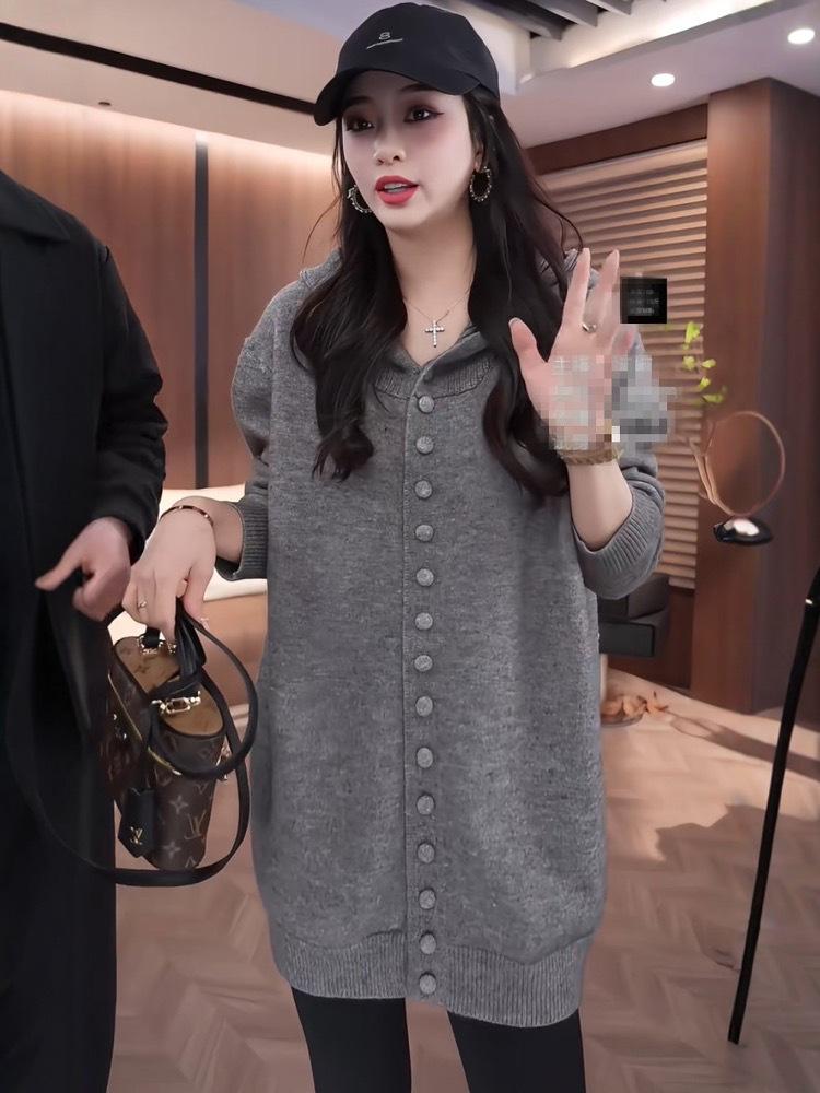 

Женский трикотажный свитшот средней длины с капюшоном: 2024 Осень/Зима Свободный Крой Маленький Топ M серый