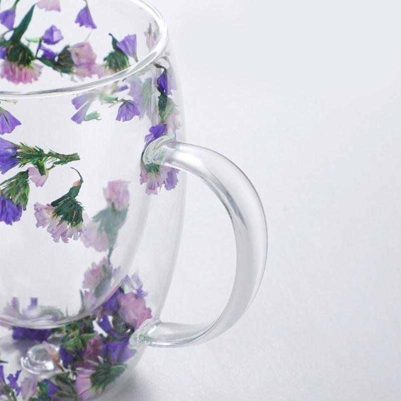 Double-layer Glass Mugs with Dry Flower and Handle for Coffee, Cocktails Elegant Glasses Cup for Entertaining Guest