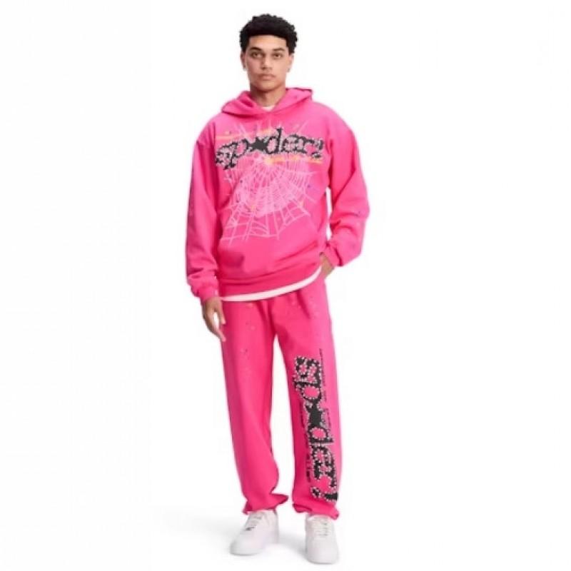 Conjunto de Moletom Sp5der Rosa V2 Feminino Streetwear Algodão Mesclado Oversized Conjunto de Treino Duas Peças Com Estampa