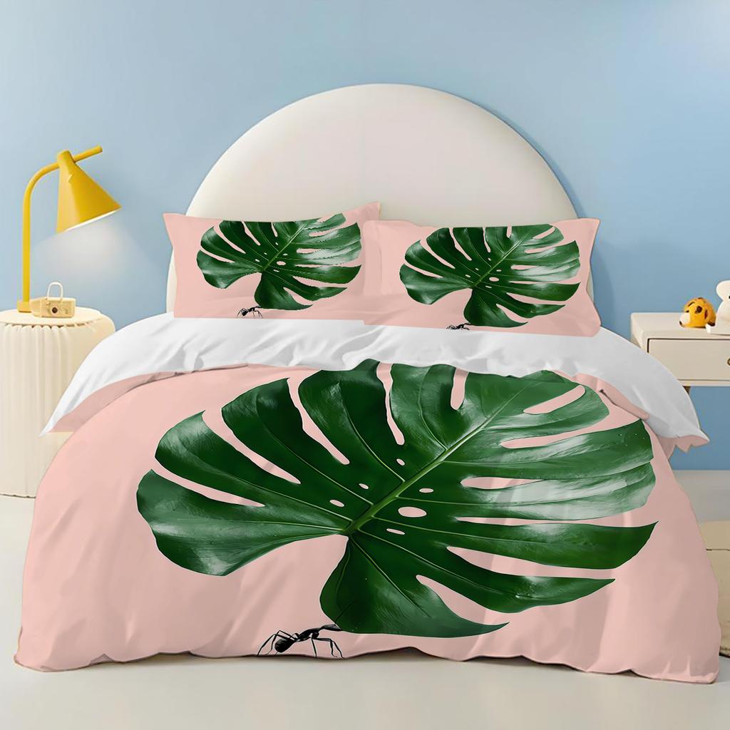 Comforter Green Plants Flamingos Anime Bedding Set Polyester Suitable For Children And Adults 3-Piece Set