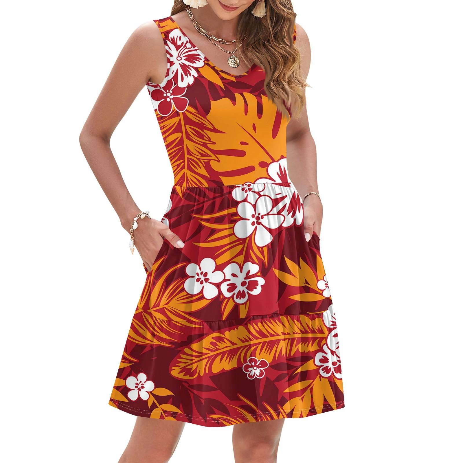 

Women s Summer Fashion Casual V-Neck Pleated Stitching Hawaiian Floral Print Sleeveless Pocket Vest Dress XXL Кіновар