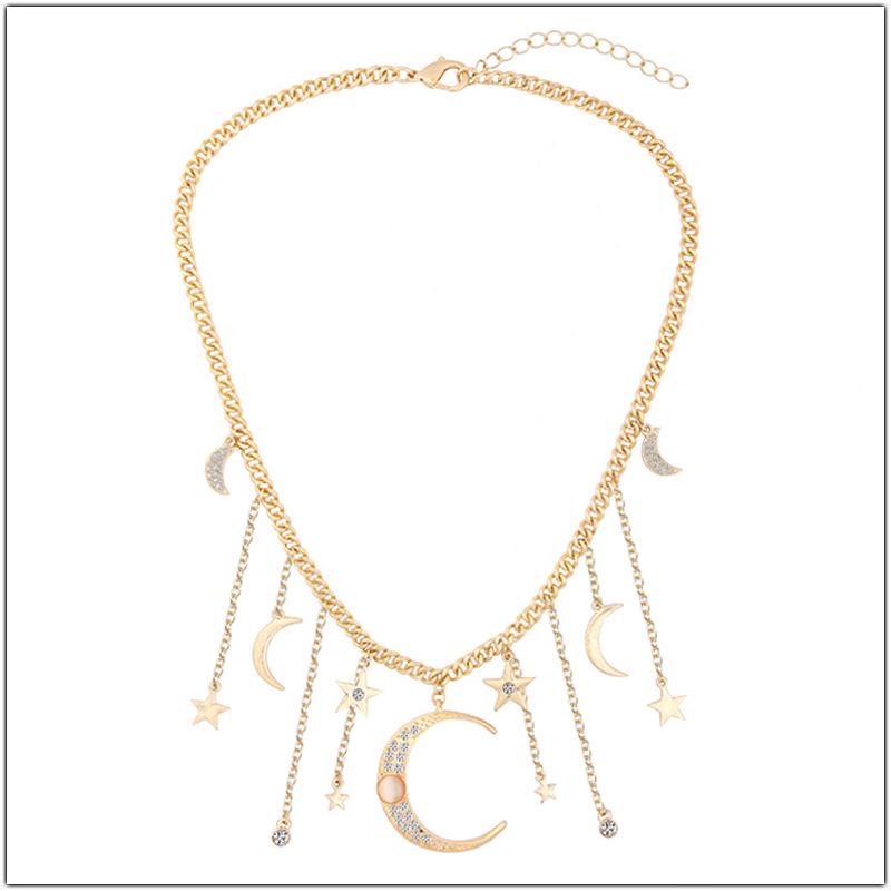 Star Moon Tassel Pendant Necklace - Inlaid Diamond Choker Clavicle Chain