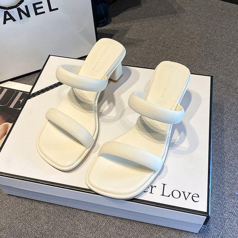 French thick heel simple word with sandals women's 2025 autumn new high-end wear cool slippers open-toed high heels