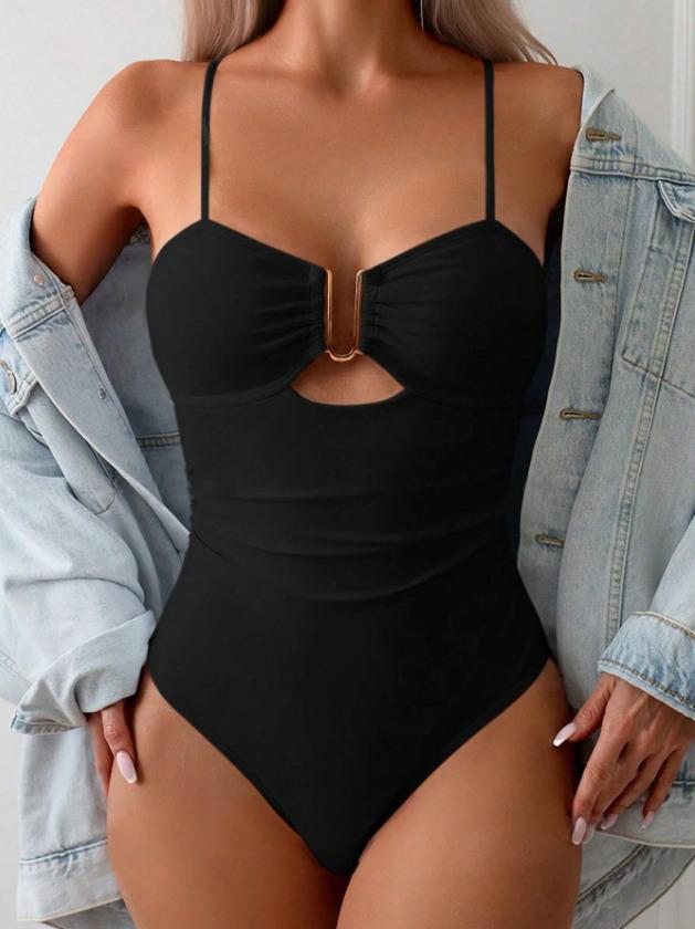 European and American Sexy Hollow One-piece Swimsuit Female Hottie Style Backless Thin Shoulder Straps Cover Belly and Look Thin Vacation Swimsuit