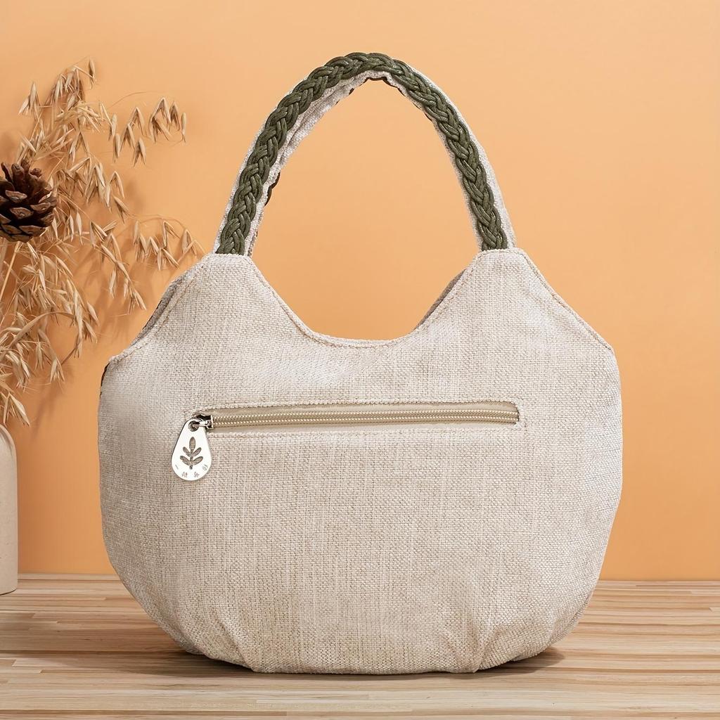 Ethnic Style Floral Embroidered Canvas Tote Bag with Lightweight Woven Strap and Zipper Closure