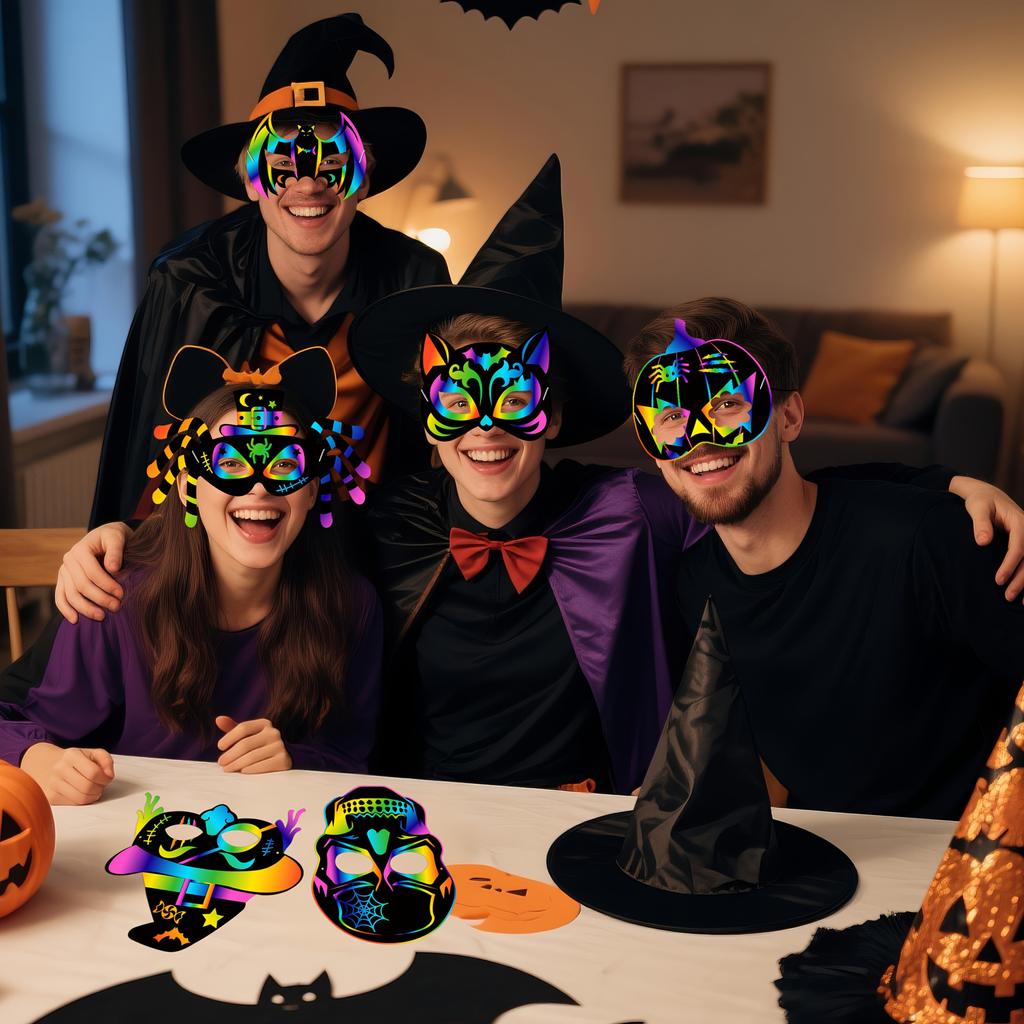 Vintage Halloween Mask Decor DIY Rainbow Scratch Paper Mask Photo Props for Cosplay Halloween Trick or Treat Birthday Party