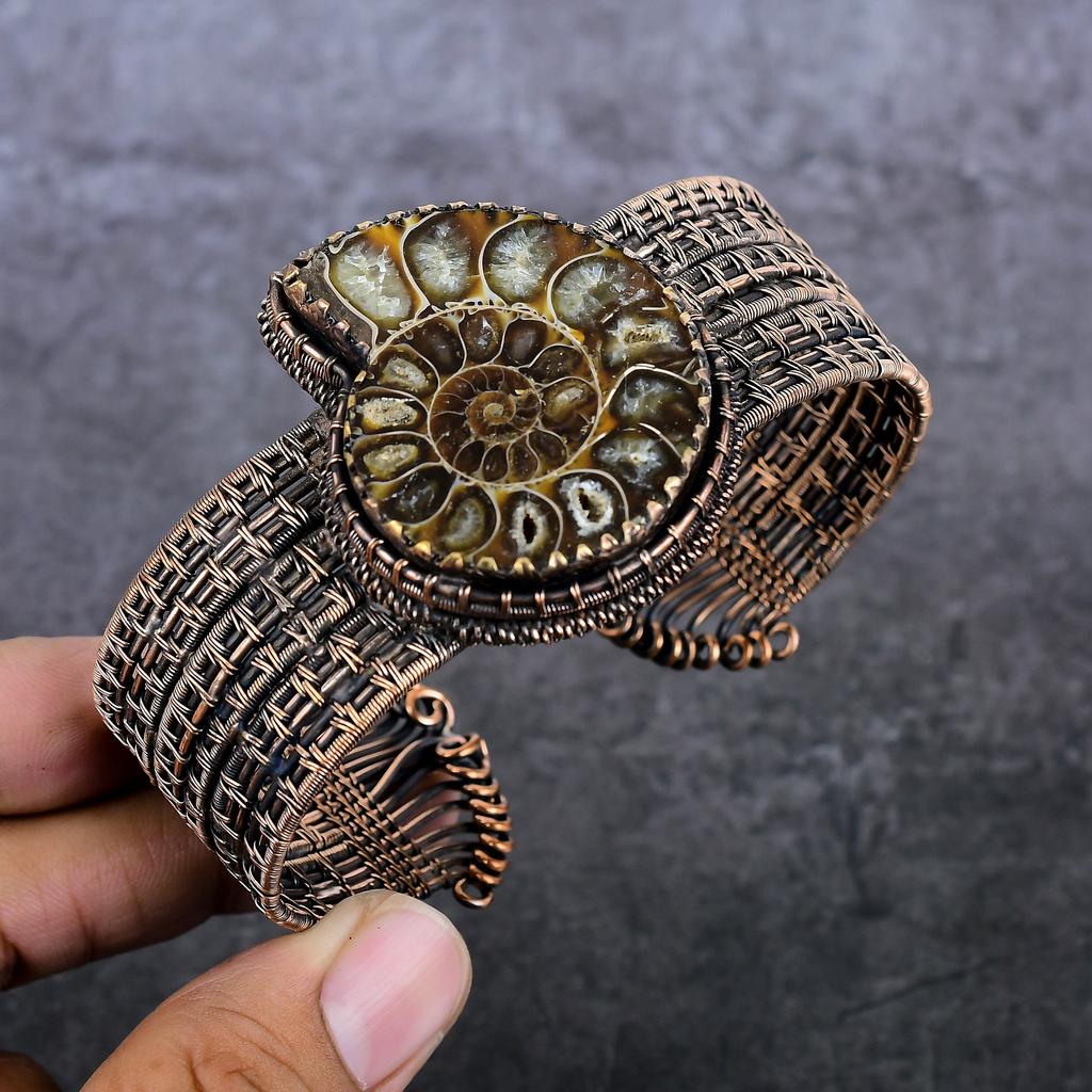 Natural Ammonite Fossil Gemstone Copper Wire Wrap Cuff Bangle Adjustable E7q41