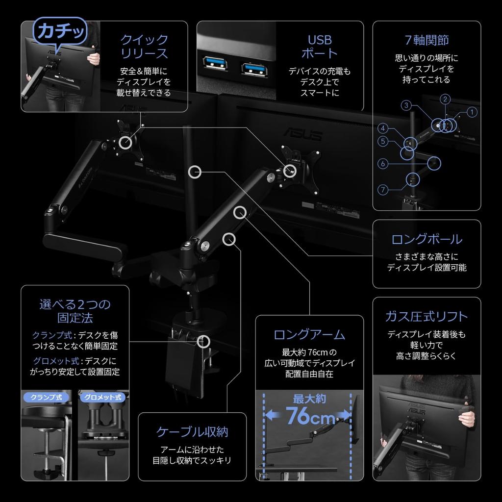 Bauhutte Long Monitor Arm GS Dual Maximum Movement Distance Approximately 76cm Supports Display Display Monitor Arm for Dual Screens BMA-2GS-WH, (Per