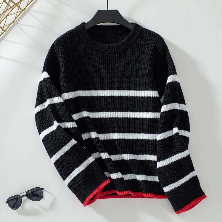 

Pullover Vintage O Neck Sweater Long Sleeve Stripe Loose Knitwear Autumn Winter Top XL