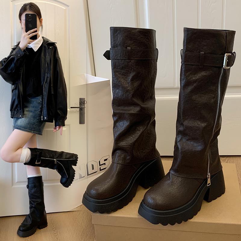Fashion Winter Women Biker Boots Fashion Belt Buckle Ladies Elegant Platform Long Pipe Booties Casual Women's Knee High Booties