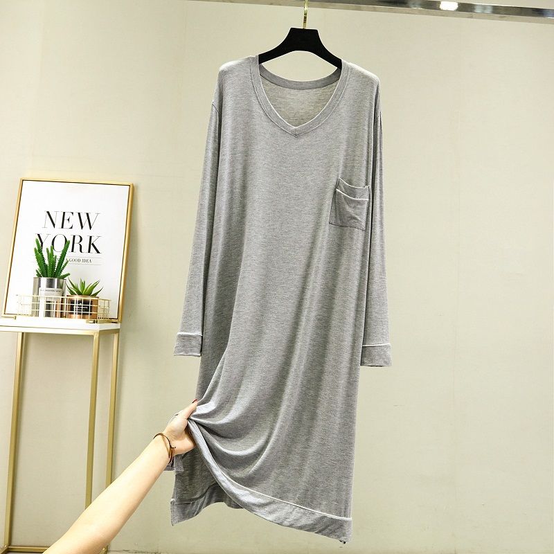 Men's Loose Modal Lounge Dress - Summer Thin V-Neck Long Sleeve Casual Wear, Oversized Home Outfit with Pockets