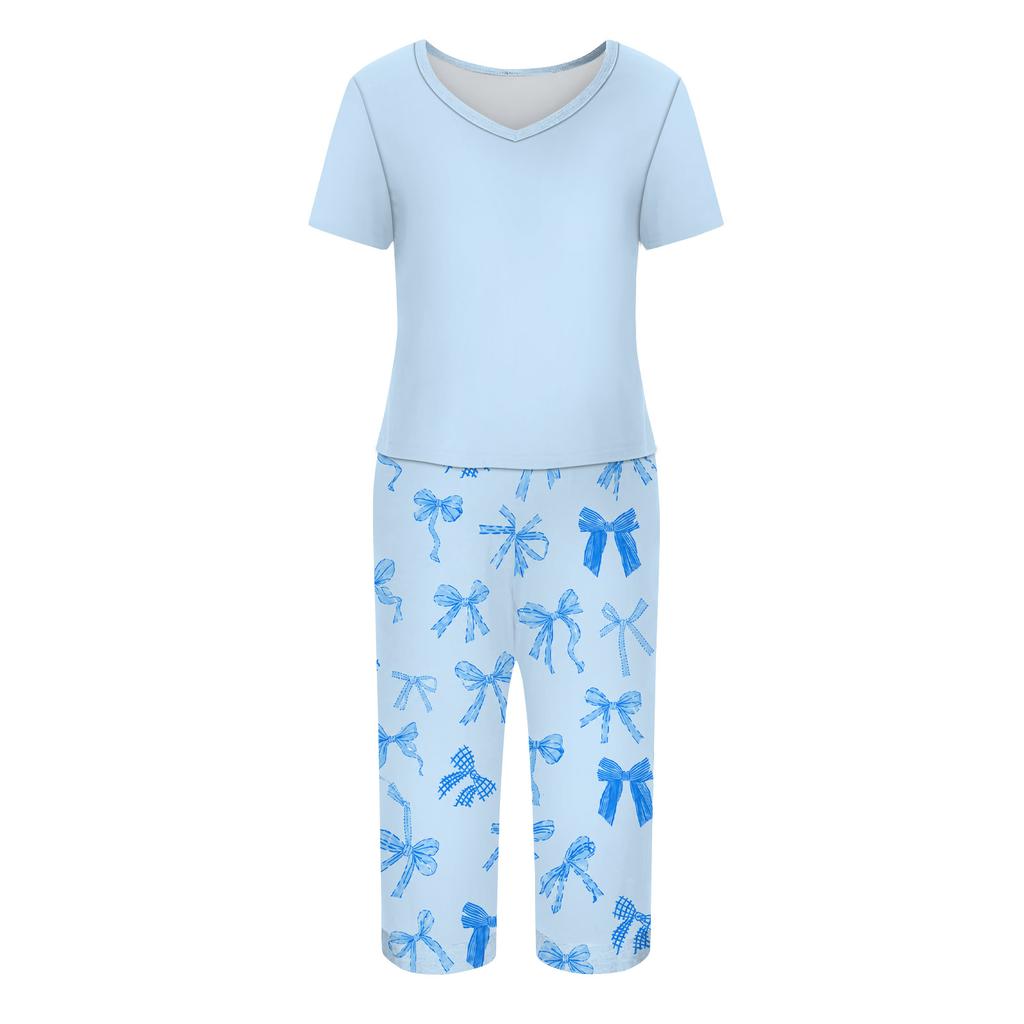Women's Printed Short Sleeve Pajama Set - Casual Two Piece Sleepwear with Pants