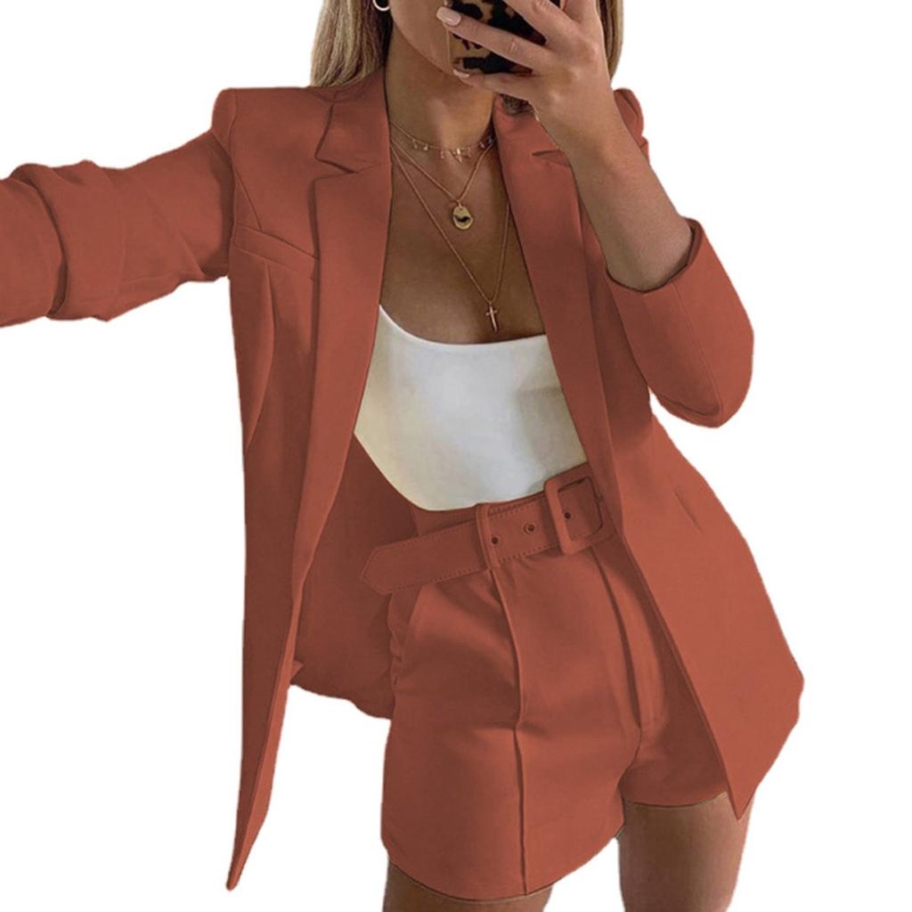 Women's Slim Fit Two Piece Suit Lapel Long Sleeve Blazer High Waist Belted Short Co-ord Outfit Set