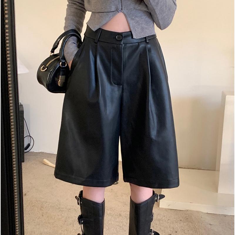 Autunno e Inverno Pantaloncini in Pelle PU a Vita Alta Donna Street Solido Largo Casual Donna Pantaloncini a Gamba Larga Moda Slim Nero Semplici Pantaloncini 25931