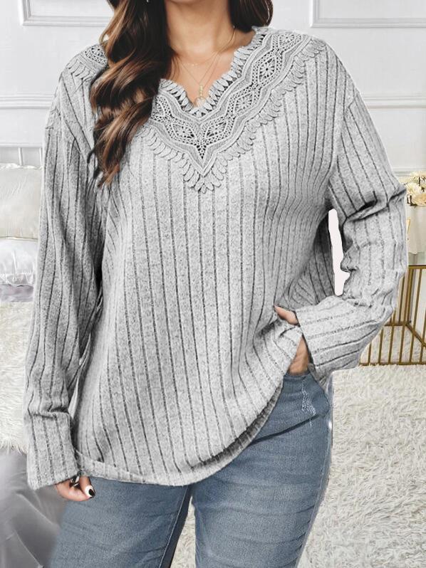 Women's V-Neck Lace Trim Loose Fit Long Sleeve Knit Top for Casual Wear
