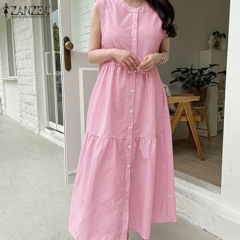 

ZANZEA Женское повседневное свободное летнее платье в полоску без рукавов с круглым вырезом