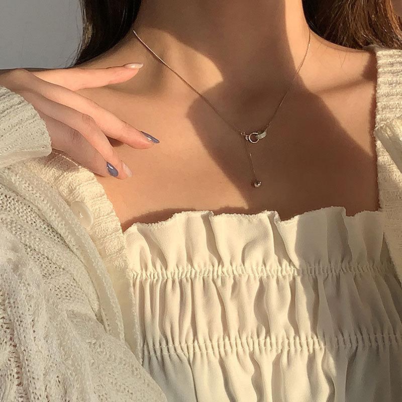 Kulatý korálek Dvojitý kroužek Dekorativní náhrdelník, Lehký luxus, Japonská a korejská móda, Třpytivý diamant, Vynikající řetízek na klíční kost