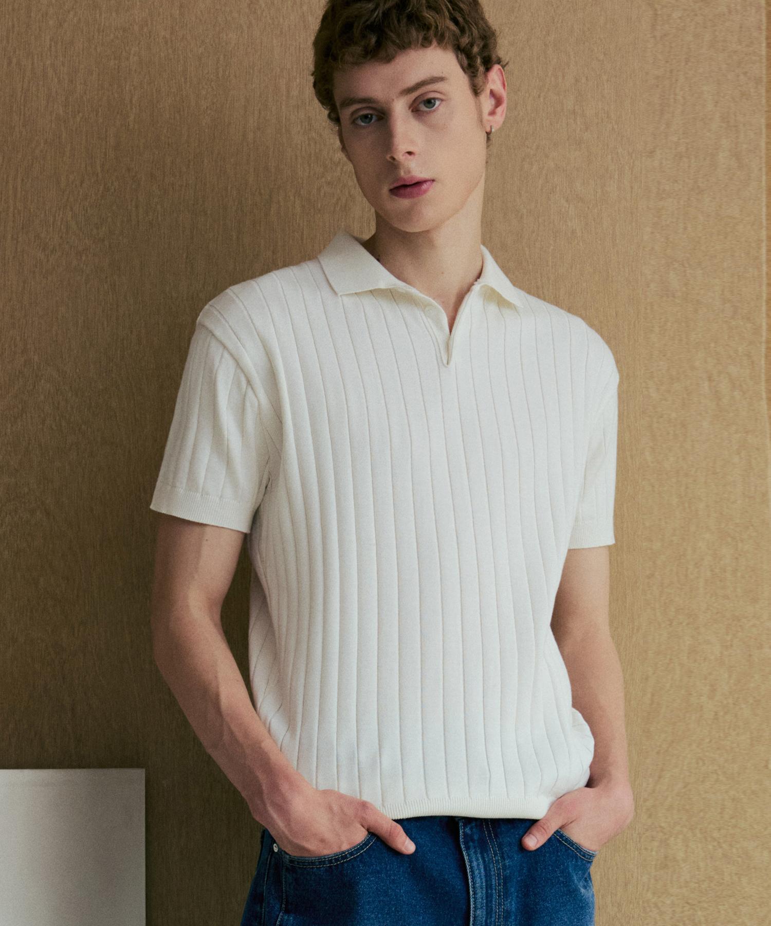 Collared Ribbed Polo Short Sleeve Knit [Ivory] L