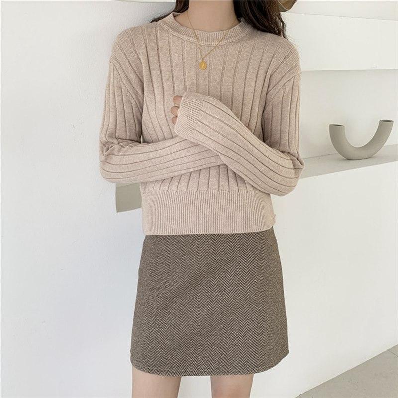 Maglione pullover lavorato a maglia retrò autunnale da donna, scollo a V, manica lunga, strisce verticali, fondo lavorato a maglia, esterno largo, colore solido