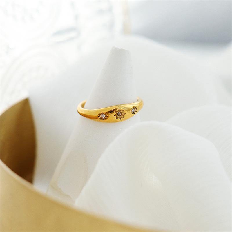 Bohemian Titanium Steel Ring with Inlaid Diamonds, Featuring Retro Distressed Moon, Star, and Sun Design for Women