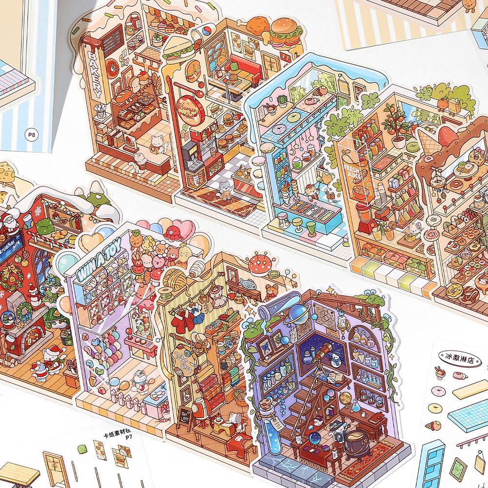 13 Pcs In 1 Book Cartoon 2.8D Landscape Sticker DIY Pocket Cabin Scene Stacking and Stick Stickers Gift for Kid Child Student