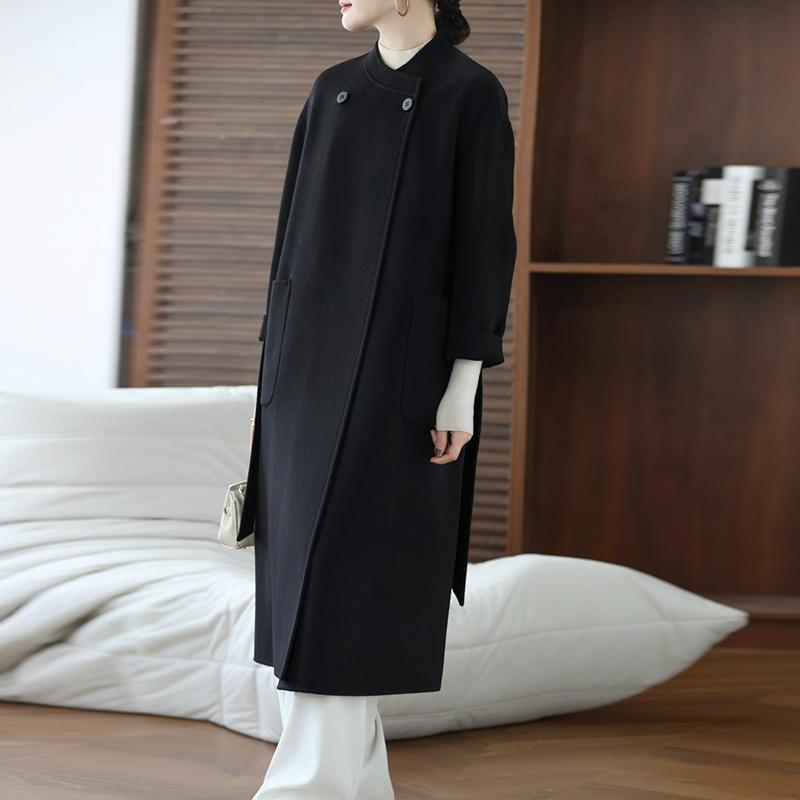 100% Wool Women Coat TIDENOVEL Autumn Wool Long Coat Handmade Pea Coat Winter Warm Wool Long Jacket Overcoat
