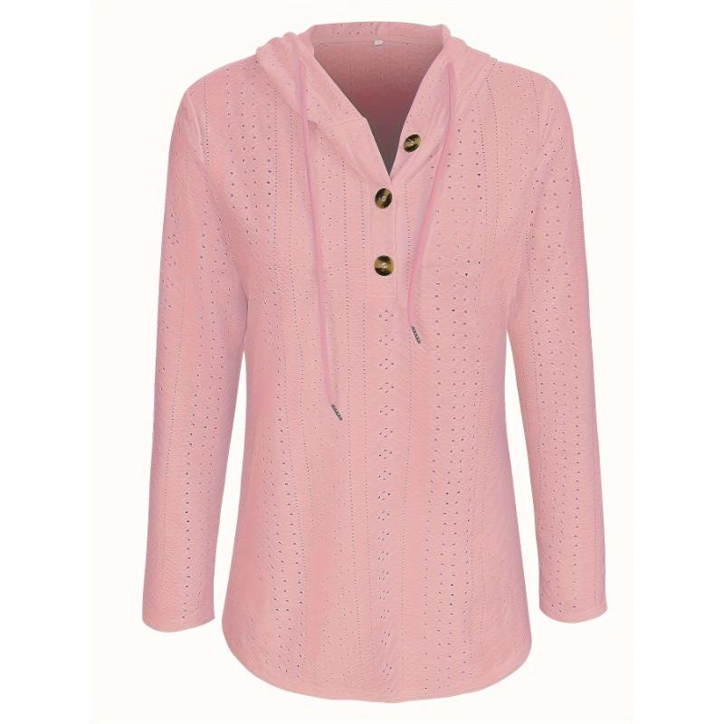 Felpa con cappuccio a occhielli e bottoni a tinta unita, felpa casual a maniche lunghe con coulisse, abbigliamento da donna