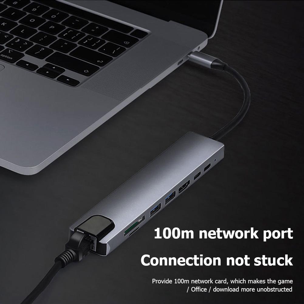 8 In 1 USB C Hub Hdmi-compatible Pd Fast Charge Type C To 4k 100m Ethernet Port for Macbook Notebook Laptop Computer
