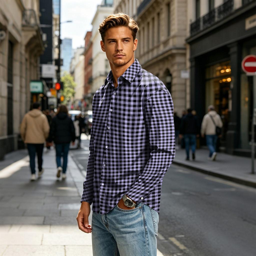 Men's Long Sleeve Plaid Shirt with Collar for Casual Daily Wear