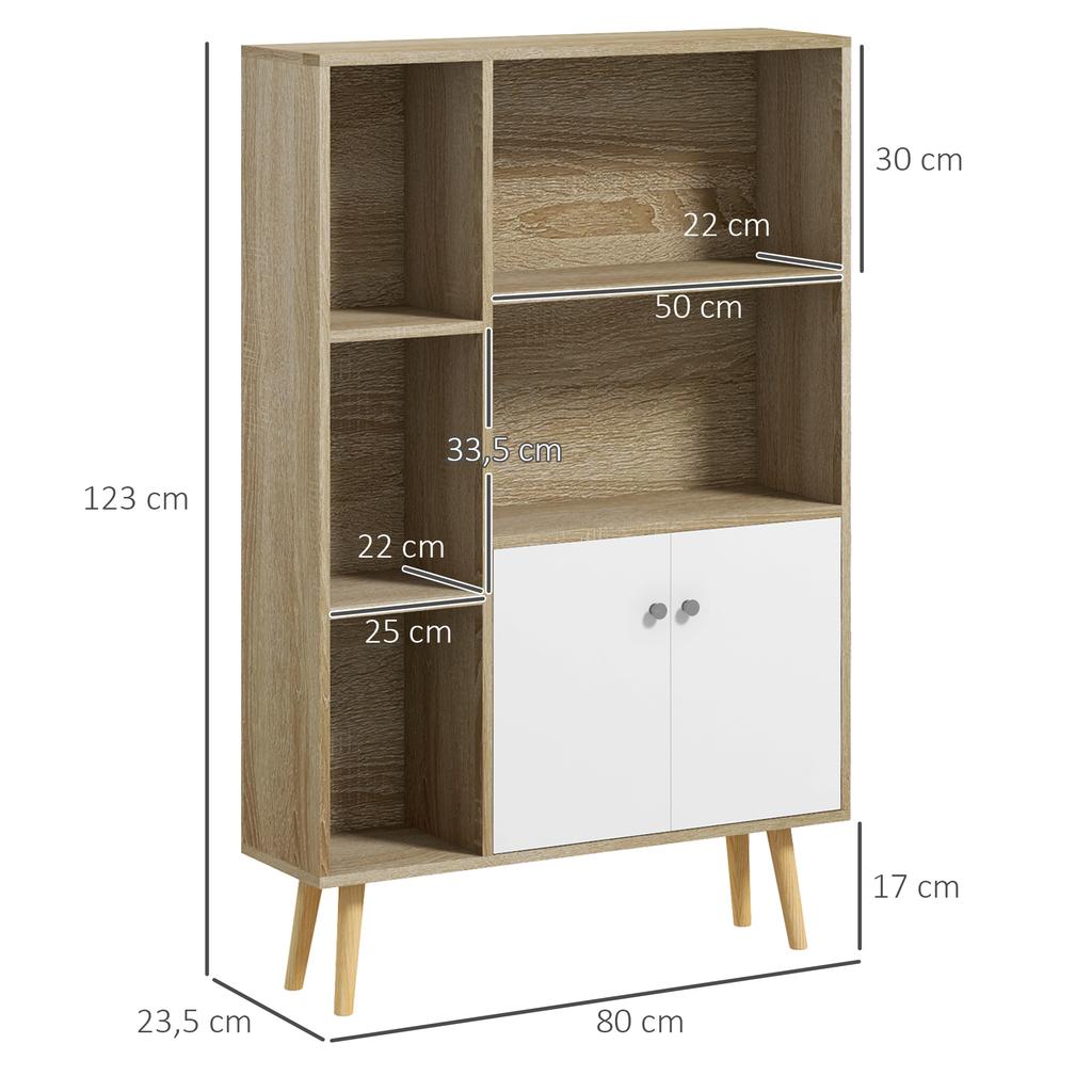Scandinavian bookcase storage unit dim. 80L x 23.5W x 123H cm 5 open compartments 2-door cupboard tapered slanted legs