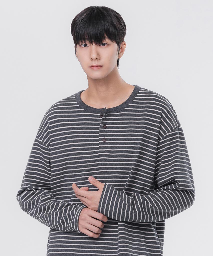ALVINCLO Peach Stripe 3-Button Henley Neck Long Sleeve T-Shirt Avt953 (3 Colors)