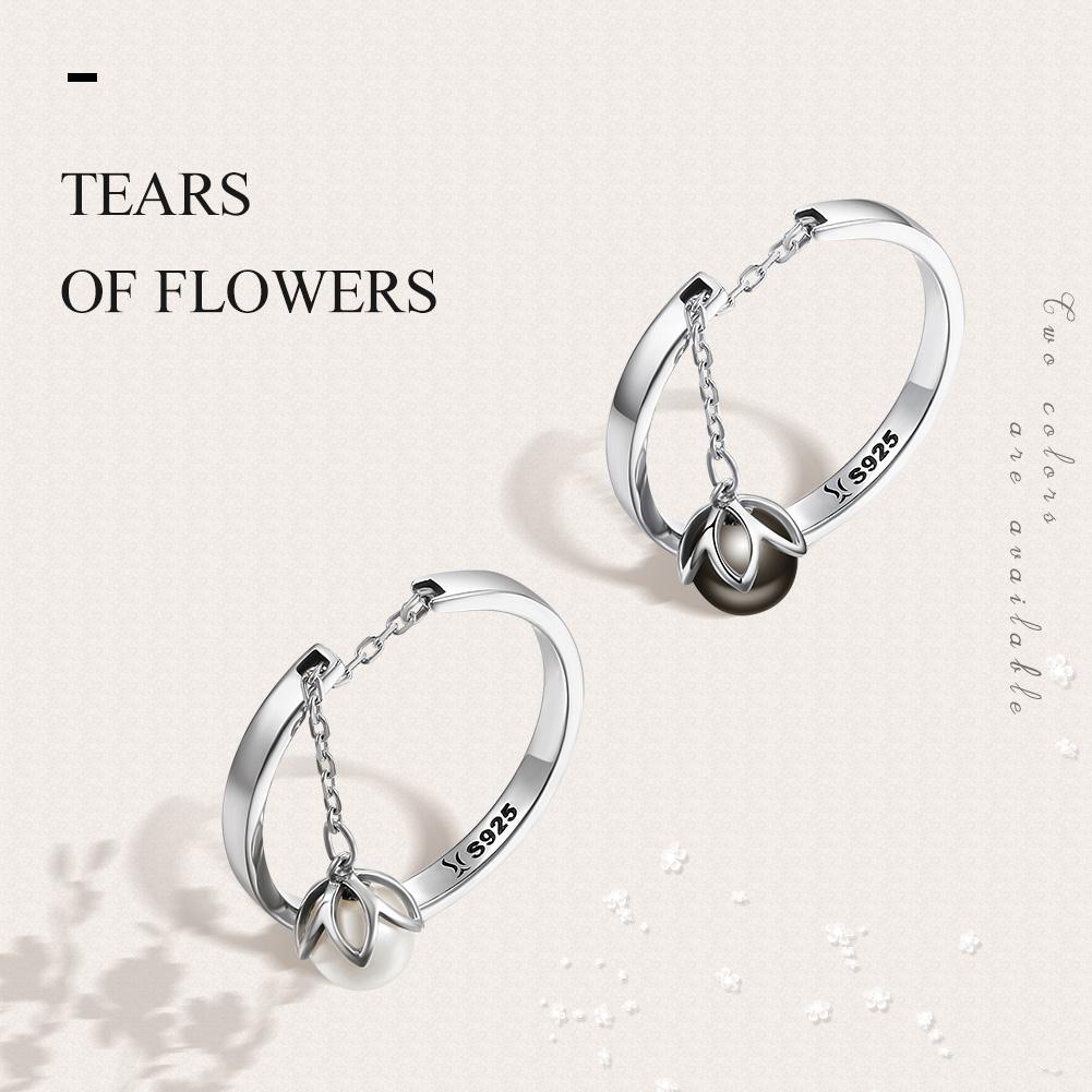 WOSTU Real 925 Sterling Silver Black White Pearl Chain Opening Rings For Women Flower Tears Link Ring Wedding Party Jewelry Gift