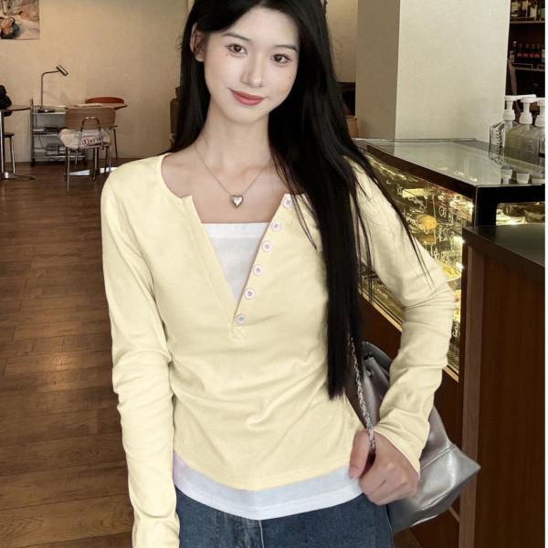 Women Fake Two Piece Long Sleeve T-Shirt V Neck Button Slim Cropped Casual Top S-XL