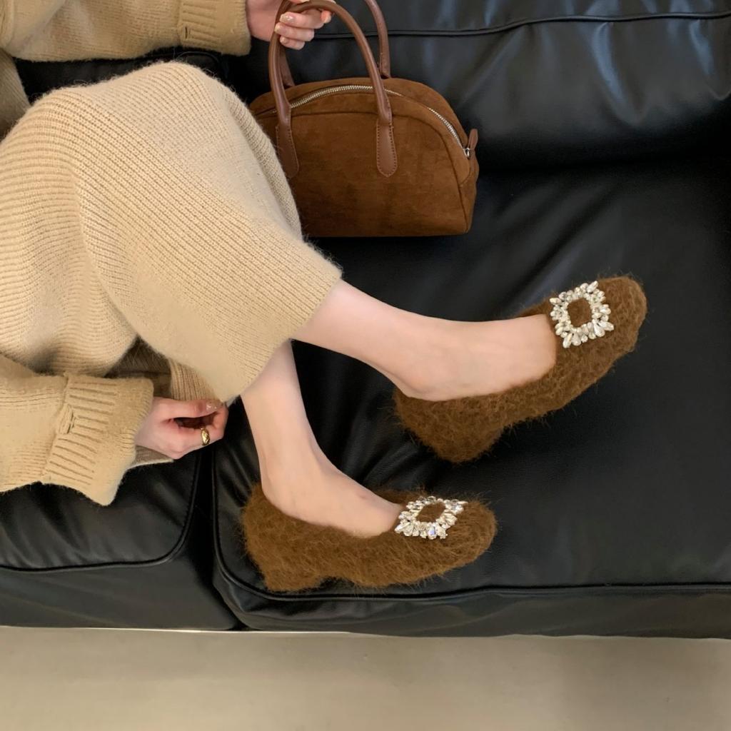2025 autumn and winter new round head rhinestone buckle mink hairy thick heel foot cover plush warm women's cotton shoes
