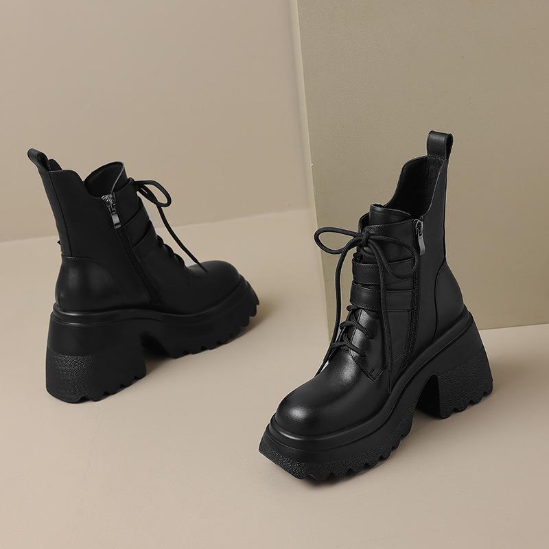 

Black leather thick-soled heightening Martin boots for women s 2025 new European muffin thick-heeled versatile casual short boots 39