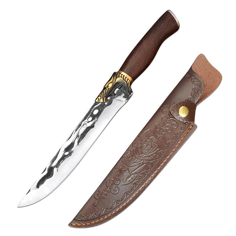 

Кованый походный и стейковый нож из нержавеющей стали с кожаными ножнами